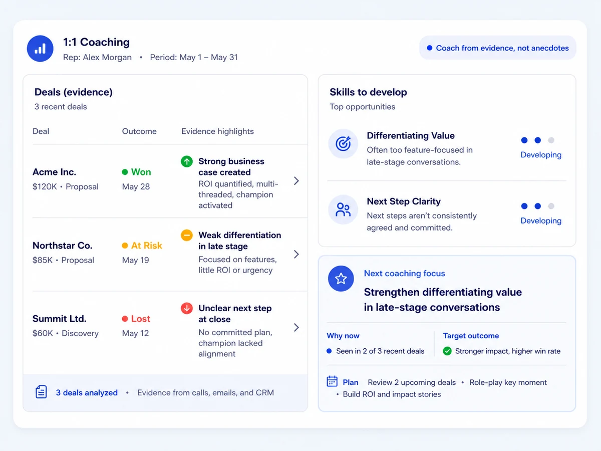 A coaching workspace showing three recent deals with evidence and a recommended focus